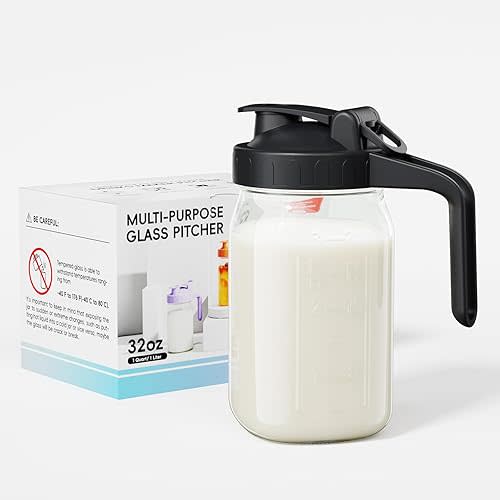 Breast Milk Pitcher, Mason Jar 32 oz, Wide Mouth Jar with Green Flip Cap Lid and Pour Spout, Heavy Duty Airtight Seal for Freshness and Convenience, Great for Cold Beverages and Home Entertaining