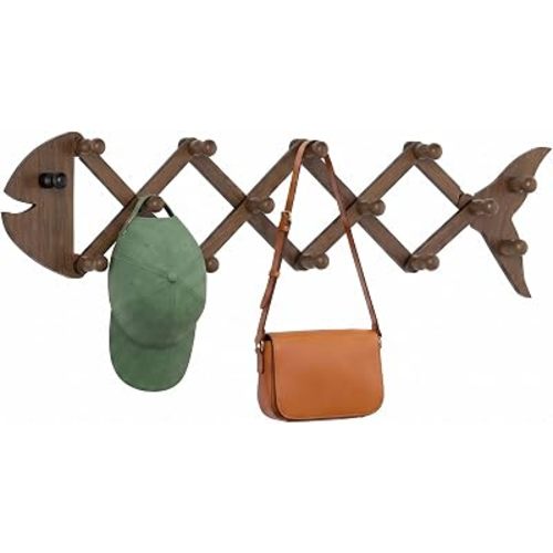 Accordion Wall Hanger with 15 Pegs, Wooden Expandable Hat Rack for Wall, 2-in-1 Fish Shape Decorative Wall Mount Coat Rack for Coat, Hats, Baseball Caps, Coffee Mug, Jewelry