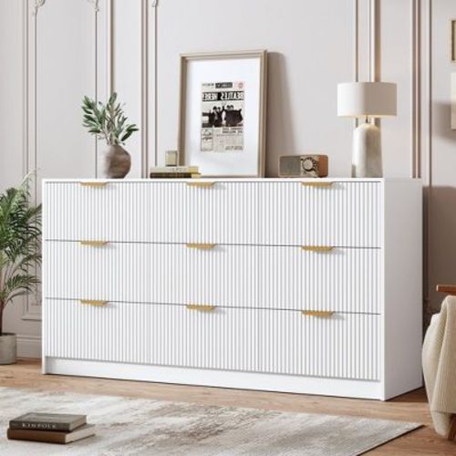 Garvee Fluted 9 Drawers Dresser for Bedroom, Wide Modern Chest of Drawers with Metal Handles, For Living Room, Entryway, Hallway, White