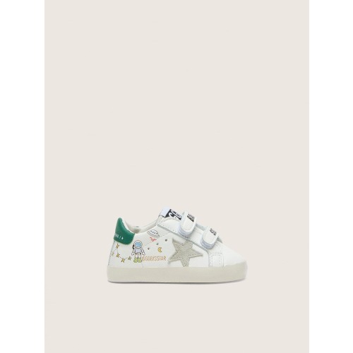 Baby Old School in white leather with gray suede star and colorful print