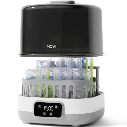 NCVI Baby Bottle Sterilizer and Dryer, 20-Minute Cycle, Up to 8 Bottles | 5-min steam and 15-min drying; 2 interchangeable trays fit 8 narrow or 6 wide-neck bottles, pacifiers and breast pump parts