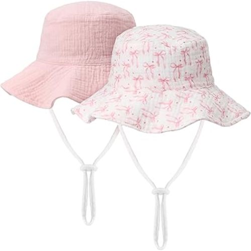 Cuffbow 2 Pack Pink Bow Muslin Infant Sun Hat UPF 50+ Sun Protection Coquette Baby Bucket Hat with Wide Brim Newborn Summer for Boys Girls