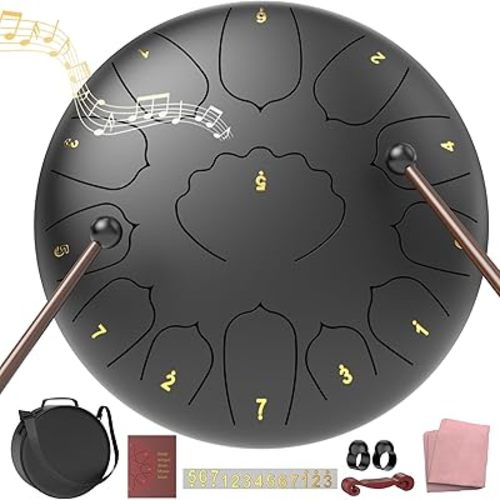 Large Steel Tongue Drum Handpan: 12 Inches 13 Notes Rain Drums for Outside Garden, Meditation Hand Pan with Music Book, Mallets and Carry Bag, Musical Instrument for Adult Kid Gift (Black)