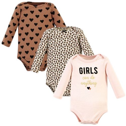 Hudson Baby Infant Girl Cotton Long-Sleeve Bodysuits, Cinnamon Hearts 3 Pack, 6-9 Months