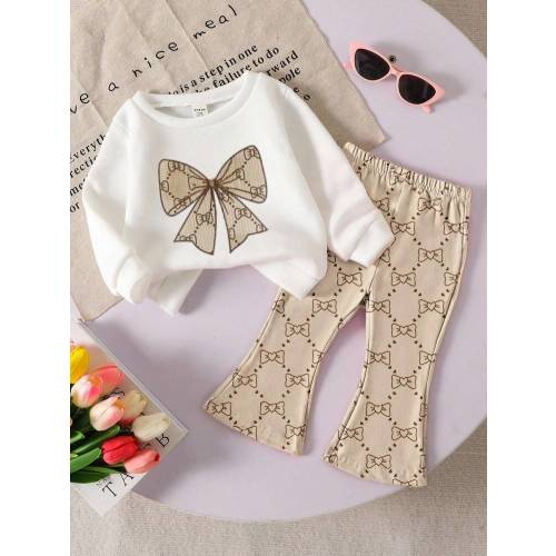 2pcs/Set Baby Girls Casual Floral Bow Decor Cute Sweet Round Neck Long Sleeve Sweatshirt And Flare Pants Set, Suitable For Halloween, Thanksgiving, Autumn/Winter Fall | SHEIN USA