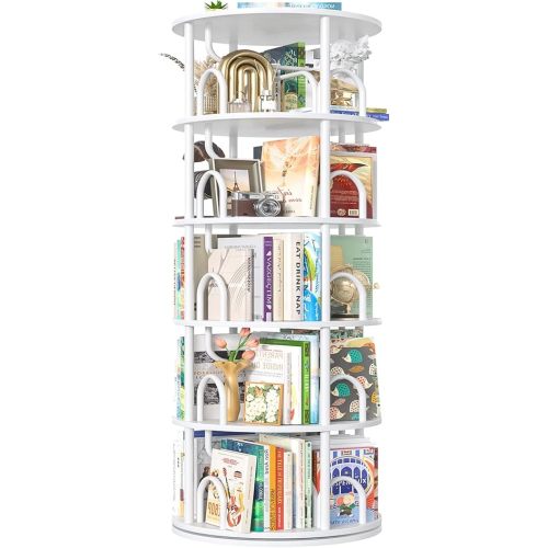 Aheaplus 5 Tier Rotating Bookshelf Tower, 360 Display Spinning Bookcase, Revolving Round Book Shelf Narrow Swivel Bookshelf, Vertical Turning Spiral Corner Book Organizer for Small Space, White