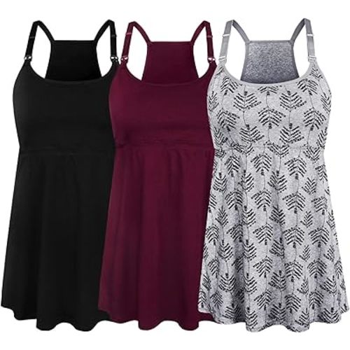 SUIEK 3 Pack Maternity Nursing Tank Tops with Bralette Cotton Breastfeeding Camisole