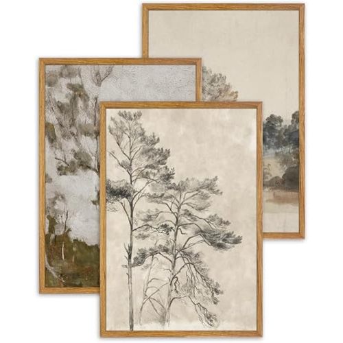 UPWOIGH Large Framed Wall Art, Set of 3 Vintage Muted Landscape Prints, 16x24 in Natural Cotton Posters with Trees, North Botanical Decor, Farmhouse Aesthetic for Living Room, Bedroom