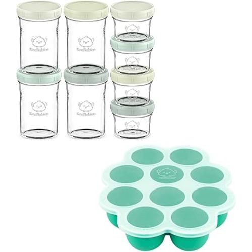 Keababies 4pk 8oz & 4pk 4oz Glass Baby Food Containers and Silicone Baby Food Freezer Tray with Clip-on Lid - Leak-Proof, Microwavable Small Baby Glass Jars with Lids - Baby Food Silicone Freezer Mold