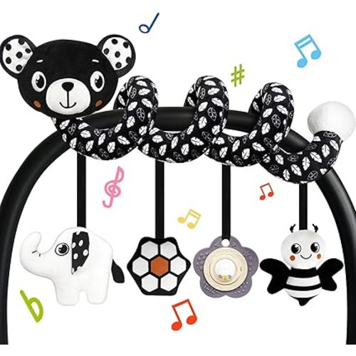 Car Seat Toys for Babies 0-6 Months,Hanging Rattle Toys for Crib Mobile, Baby Spiral Hanging Stroller Black and White High Contrast Toys for Newborn 0 3 6 9 12 Months Baby Boys Girls (Zebra)