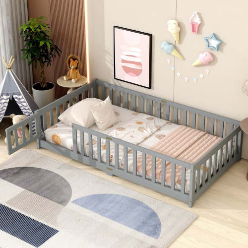 uhomepro Twin Floor Bed for Toddlers, Kids Bed with Fence and Door, Low Wood, Gray