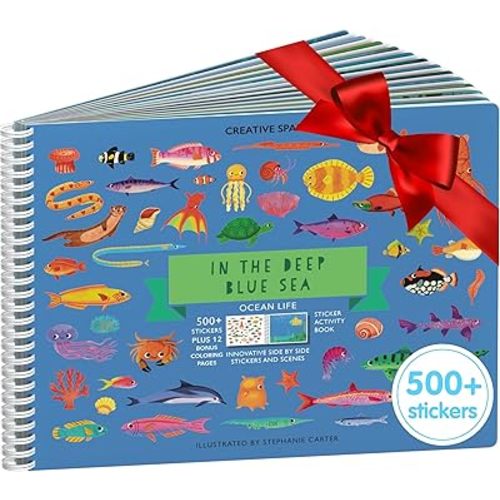 Cupkin Ocean Sticker Book Activity for Kids, Toddler Airplane Travel Essentials, 500+ Shark Stickers for Kids + 12 Scenes + 12 Coloring Book Pages, Deep Blue Sea Gift, Kid Crafts Ages 2-8