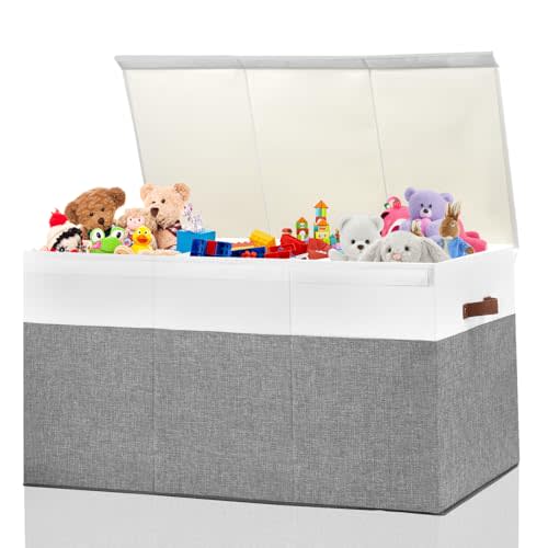 Extra Large Toy Storage Box with Lid, Sturdy Toys Storage Chest Bin Organizer Basket with Dividers for Kids, Boys, Girls, Nursery, Closet, Bedroom, Playroom 35.5"x17" x17"(Grey and White)