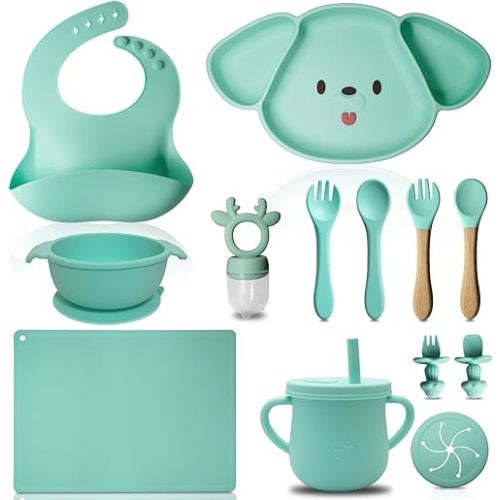 14PCS Silicone Baby Feeding Set,Baby Led Weaning Feeding Supplies for Toddlers, Children Suction Silicone Plates and Bowls Set for Babies Gift,Bowls and Plates with Suction