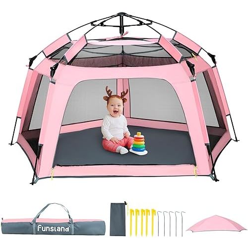 Funsland Baby Playpen Pop-up Tent - Outdoor & Indoor Play Tent for Beach with Canopy Travel Bag Portable Play Yard for Babies & Toddlers (Pink)
