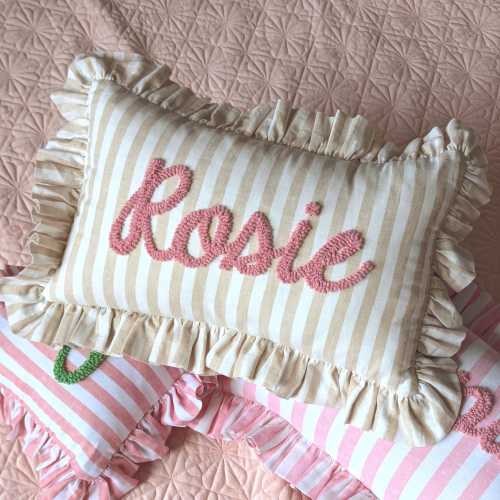 SAND STRIPES Personalised Ruffled Cushion Handmade Punch Needle Decor | Gingham Nursery Kids Children Room Styling | Custom Gift Baby Shower