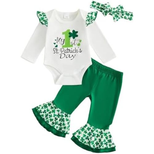 My First St Patricks Day Baby Girl Outfit Newborn Infant Ruffle Long Sleeve Romper Clover Flare Pants Headband Set