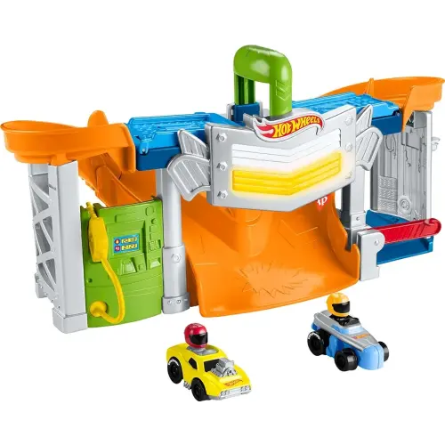 Fisher-Price Little People Hot Wheels Toddler Toy Race and Go Track Set with Lights Sounds & 2 Cars for Pretend Play Kids Ages 18+ Months