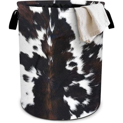 White Black Cowhide Laundry Basket Laundry Hamper With Handles Collapsible Laundry Baskets Storage Basket For Room Bathroom Bedroom Decor