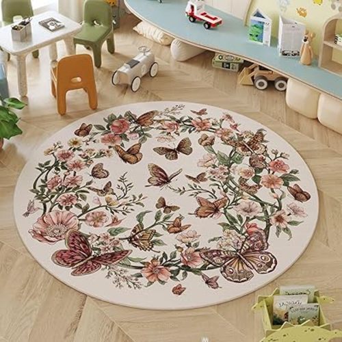 Round Rug 4ft Washable Circle Rug Non Slip Low Pile Boho Floral Butterfly Small Circular Rug for Bedroom Bathroom Entryway Kids Room Office College Dorm, Beige