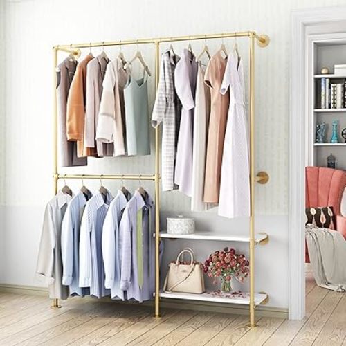Gold Pipe Clothes Racks with White Shelves, Industrial Pipe Gold Clothing Rack with Double Hanging Rods, Heavy Duty Wall Mounted Clothing Rack Rod for Closet Storage, Bedroom