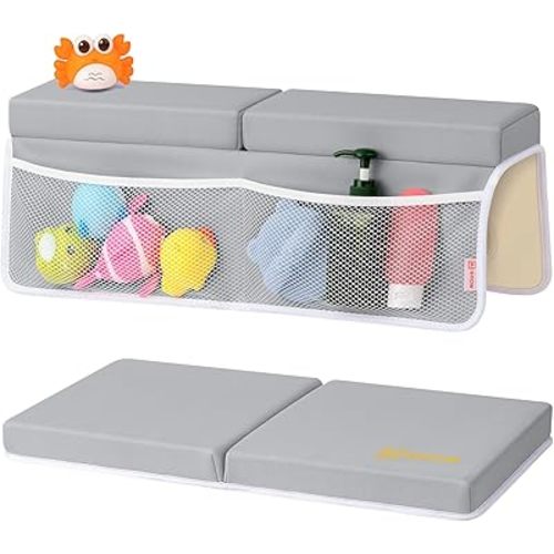 Bath Kneeler and Elbow Rest Pad Set - Comfortable 1.5” Thick Baby Bath Kneeler Pads with Toys Organizer, Non-Slip Knee Arm Support Bathtub Mat, Quick-Drying Kneeling Pad for Baby Bath Time
