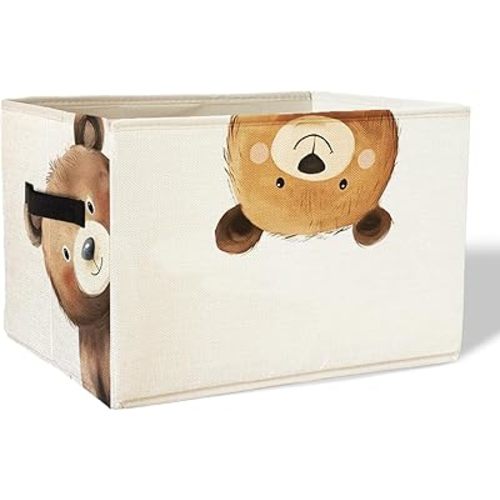 Rectangular Bear Basket Cute Animal Woodland Storage Basket Organizer Bins With Handles,Toy Baskets Storage Kids,Bear Laundry Baskets Organizer Collapsible Basket for Nursery Bedroom Bathroom
