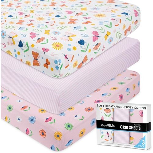 GROW WILD Butterflies & Flowers Fitted Crib Sheets Girl (3 Pack) - Soft Jersey Cotton Fitted Sheet, Toddler Bed Mattress & Baby Crib Bedding Set for Girls, Baby Girl Nursery Crib - Pink & White