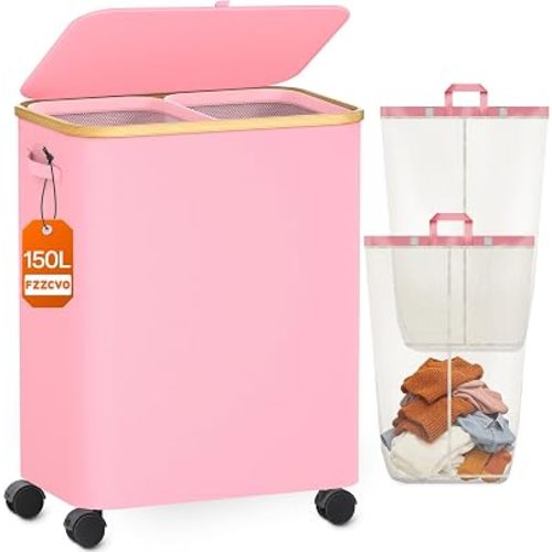 Double Laundry Basket with Wheels and Lid, 150L Clothes Hampers for Laundry