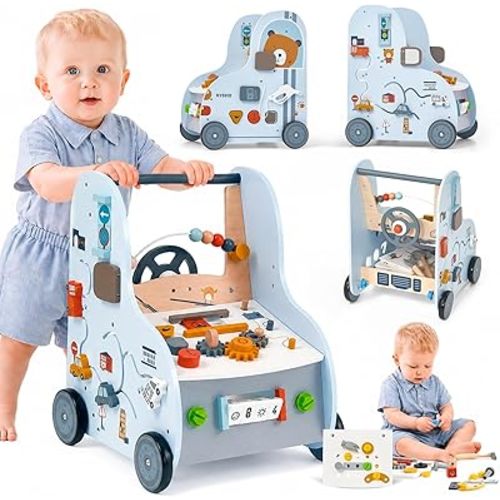 Giant bean - Andador de bebé de madera con centro de actividades – Herramienta con tema de tráfico de automóviles, clasificador de formas de banco, volante con engranajes, juguete Montessori para