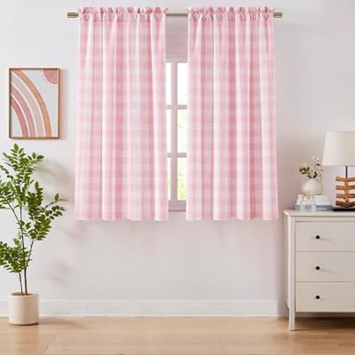 63 Inch Pink White Buffalo Plaid Semi Sheer Curtains,Girls Room Cute Checkered Drapes,Farmhouse Window Treatment for Bedroom Living Room,Rod Pocket,52" Wx63 L(Pack of 2)