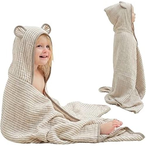 Ultra-Soft Muslin Toddler Hooded Towel – 55 x 28 Inches, Made with Organic Cotton, Gender-Neutral Warm Brown Striped Jacquard Pattern, Ideal for Bath & Beach, Newborn to Toddler