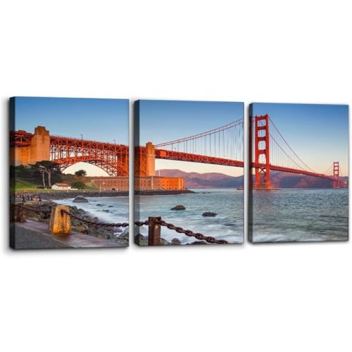 Pacimo Golden Gate Bridge Framed Canvas Wall Art Set of 3, San Francisco Cityscape Gallery Wrapped Poster Prints Painting California Bridge Wall Decor for Living Room Bedroom Office - 12"x16"x3 Panels