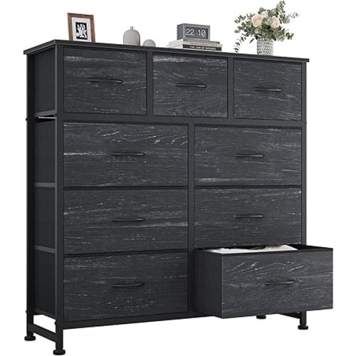 OLIXIS 9 Drawer Storage Dresser with Wood Top - Wide Fabric Chest Organizer for Bedroom, Closet, Living Room,Tower Cabinet, TV Stand, Hallway Entryway Furniture,Black Wood Grain