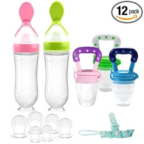 Food Feeder Baby Fruit Feeder Pacifier (3 Pcs) with 6 Different Sized Silicone Pacifiers,Silicone Baby Food Dispensing Spoon 90ML with 2 Babies Spoons Pacifier Clip Infant Fruit Teething Feeders-Pink