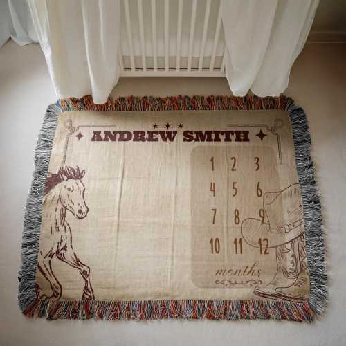 Personalized Cowboy Woven Milestone Blanket, Western Monthly Blanket, Monthly blanket with western design, Newborn Name Woven Throw Blanket