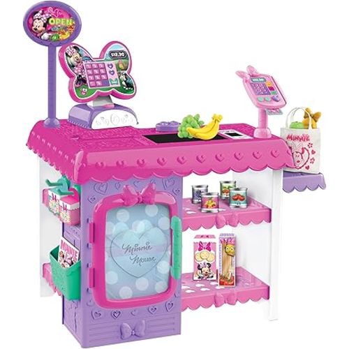 Disney Junior Minnie Mouse Marvelous Market, Pretend Play Cash Register with Realistic Sounds, 38 Play Food Pieces and Accessories, Kids Toys for Ages 3 Up by Just Play