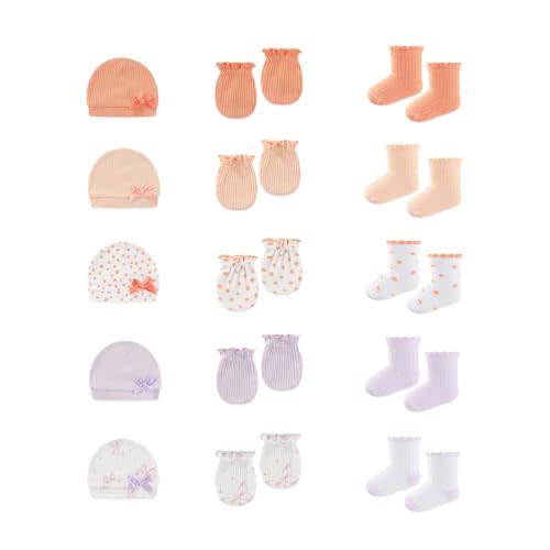 BABYSOLIS 15 Pack Infant Hats Gloves Socks Unisex Baby Boy Girl Accessories Set Cotton New Born Caps Mittens