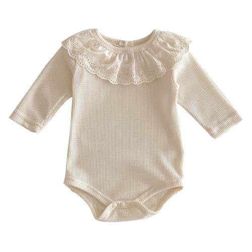 KAUOD Toddler Baby Girls Knit Ribbed Romper Lace Crew Neck Long Sleeve Cotton Bodysuit Toddler Plain Soft Fall Collar Jumpsuits