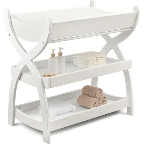 Comfy Cubs Baby Changing Table - Sturdy Wood Construction, Timeless Look Baby Change Table with Two Open Shelves for Infant Daycare Essentials Storage - White