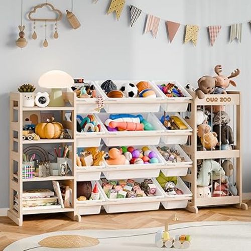 Large Kids Toy Storage Organizer - Toy Organizers and Storage with Stuffed Animal Storage, Kids Toy Storage Shelf with 12 Plastic Bins, 4-Tier Bookshelf for Kids Room, Playroom, Bedroom, 59 inch