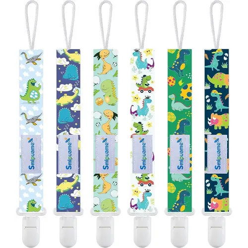 Smlpuame Baby Pacifier Clip for Boys Girl,6 Pack Stylish Binky Clips Strap,Paci Holder with Clips Universal Lightweight Fits Most Pacifiers Teeher Toy Teething Ring Soothie,Baby Gifts(Dinosaur-2)