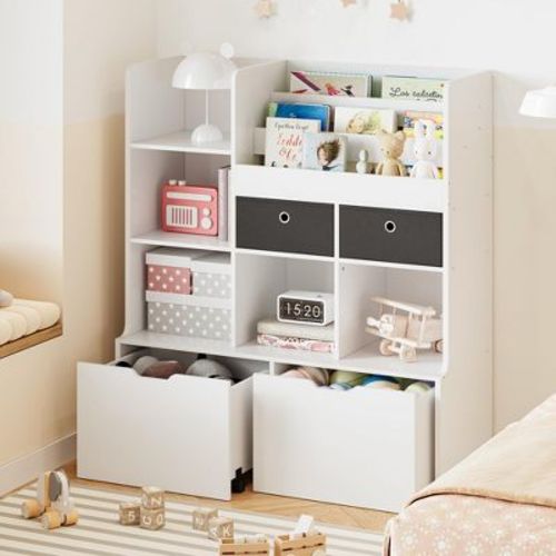 COZONY 47" Toy Storage Organizer with Drawers, Wooden Kids Bookshelf & Cubby Bookcase, Toy Chest for Playroom, Nursery, Kids Room, White