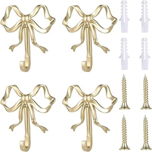 4pcs Large Size Gold Bow Knot Hooks Gold Coat Hook Bow Wall Door Hanger Bowknot Hook Metal Bows Hooks for Wall Towel-Hook Coat Hanger Decorative Holder for Wedding Bathroom Living Room Kitchen Decor