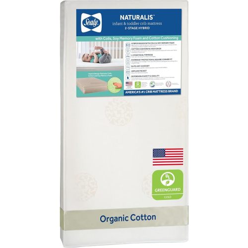Sealy Baby Naturalis Breathable Hybrid 2 Stage Waterproof Crib Mattress Plus Toddler Bed Fit, Natural Cotton, Non Toxic, GREENGUARD Gold Certified, Safety & Quality Tested, Made in USA, 52"X28"
