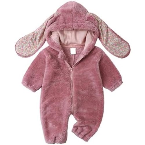 Baby Kids Fuzzy Jumpsuit With Bunny Ear One Piece Fleece Sherpa Hooded Onesie Winter Cute Fluffy Zip Up Rabbit Bodysuit