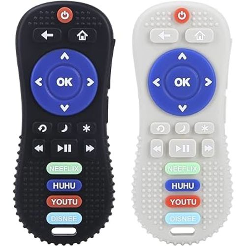 2 Pack Silicone Teething Toys, TV Remote Control Shape Silicone Teether Toys, Infant Sensory Toy for Boys and Girls 3-6-12 Months, BPA Free, Black, White