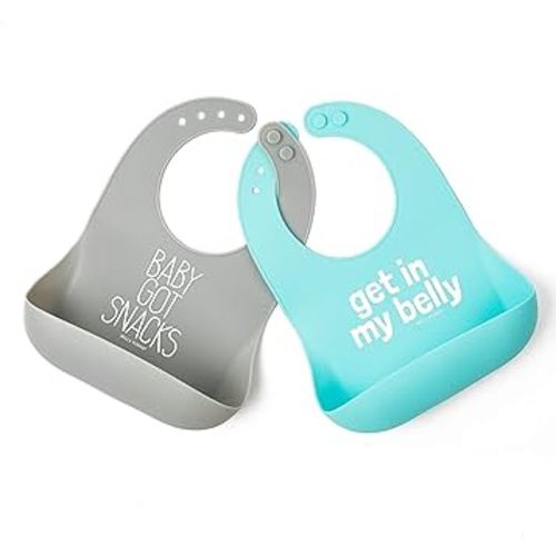 Bella Tunno Wonder Bib 2pk - Adjustable Silicone Baby Bibs for Girls & Boys, Durable and Waterproof BPA Free Silicone, Belly & Got Snacks