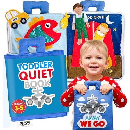 Curious Columbus Quiet Book – Away We Go Busy Book for Toddlers, Montessori Airplane Travel Toy for Preschool and Early Learning