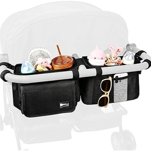 ZZM Double Stroller Organizer with 2 Cooler Pockets,Compatible for Bob Duallie, Jeep and Baby Jogger City Mini GT2, Double Baby Stroller Accessories, Parent Console Double Jogging Stroller Organizer